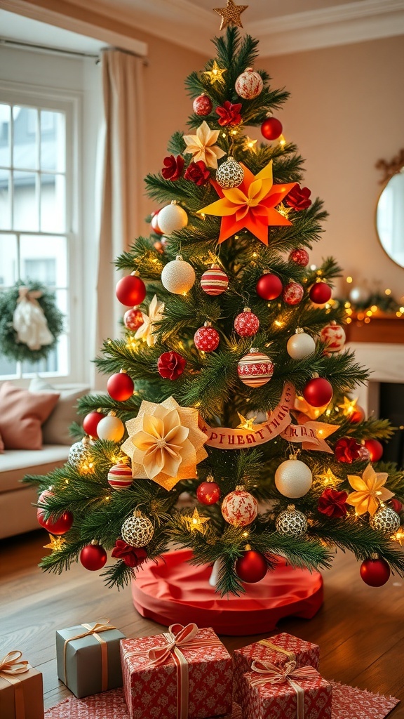 3D Christmas Tree Decoration Ideas A 3D Christmas tree decorated with paper ornaments and lights in a cozy living room.
